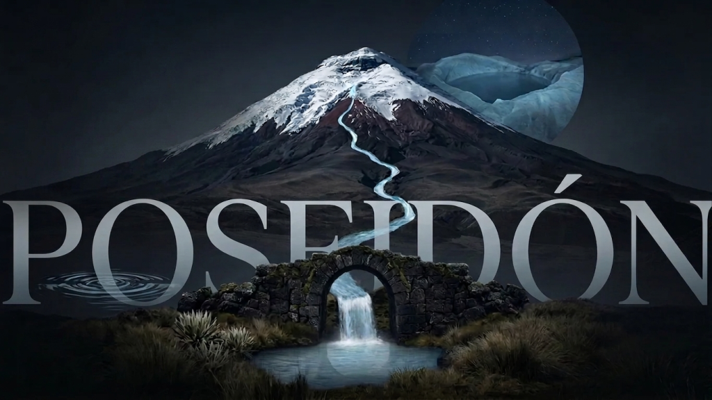 Arte de marca Poseidón con volcán, cascada y arco de piedra