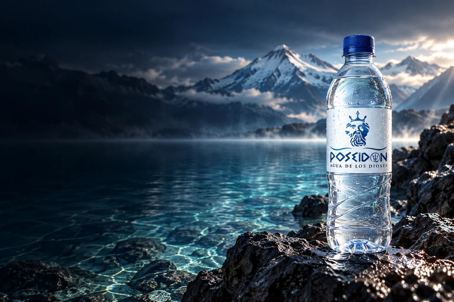 Agua Poseidón sobre roca volcánica junto a una laguna, con una montaña nevada al fondo